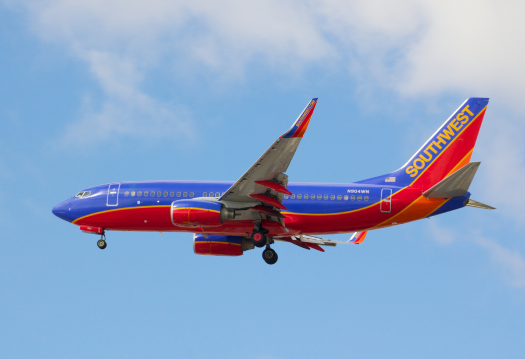 Southwest Airlines plane flying over head