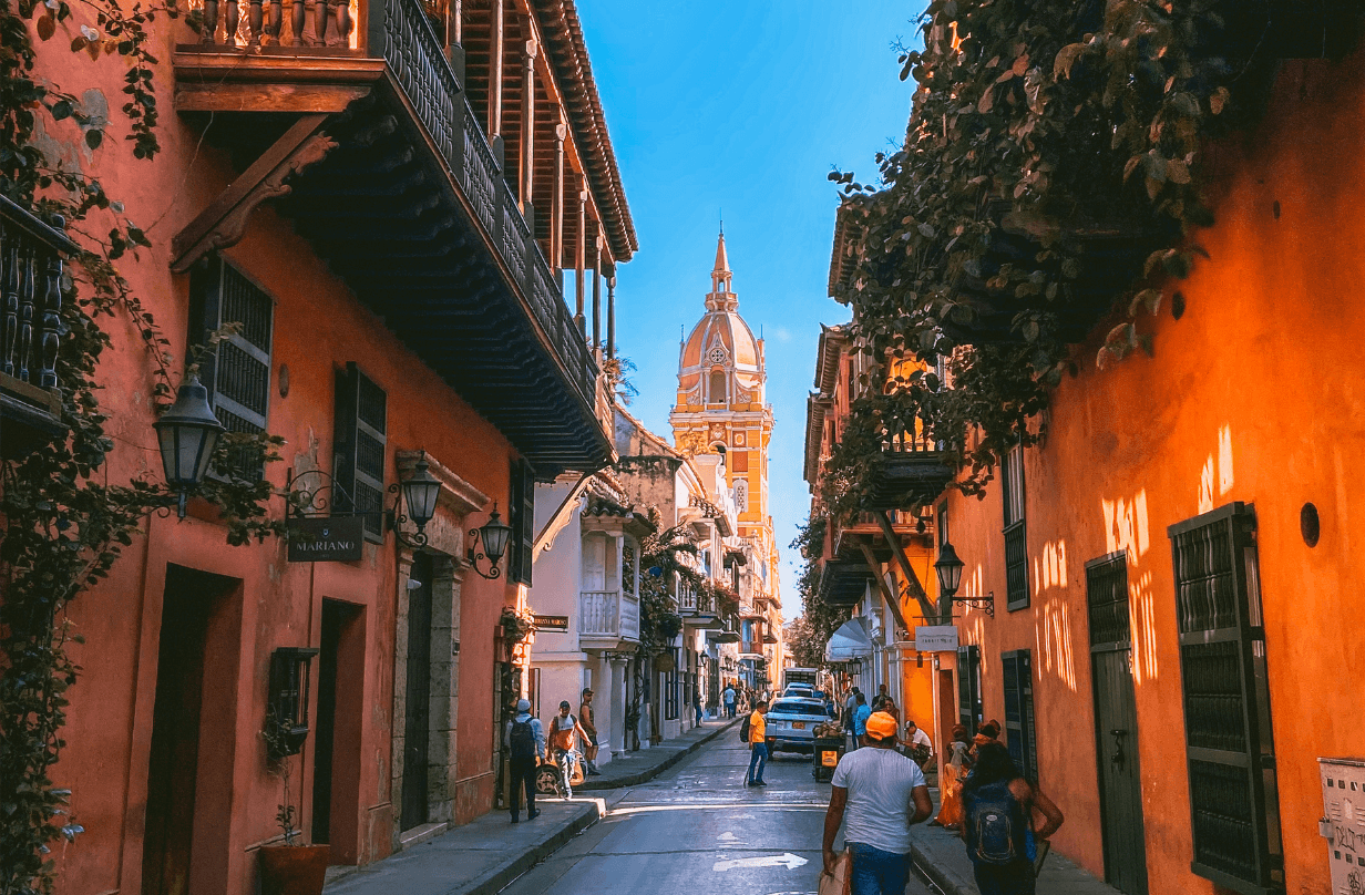 Colombia city street with view of cartagena cathedral
