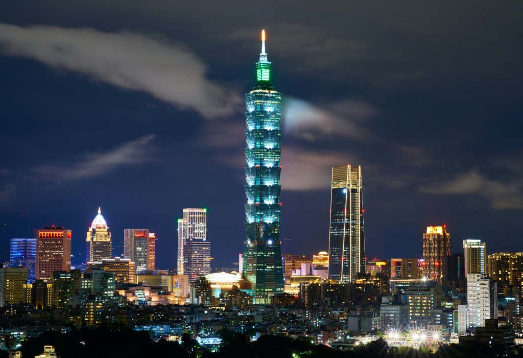Taipei skyline at night with Taipei 101 as the focus