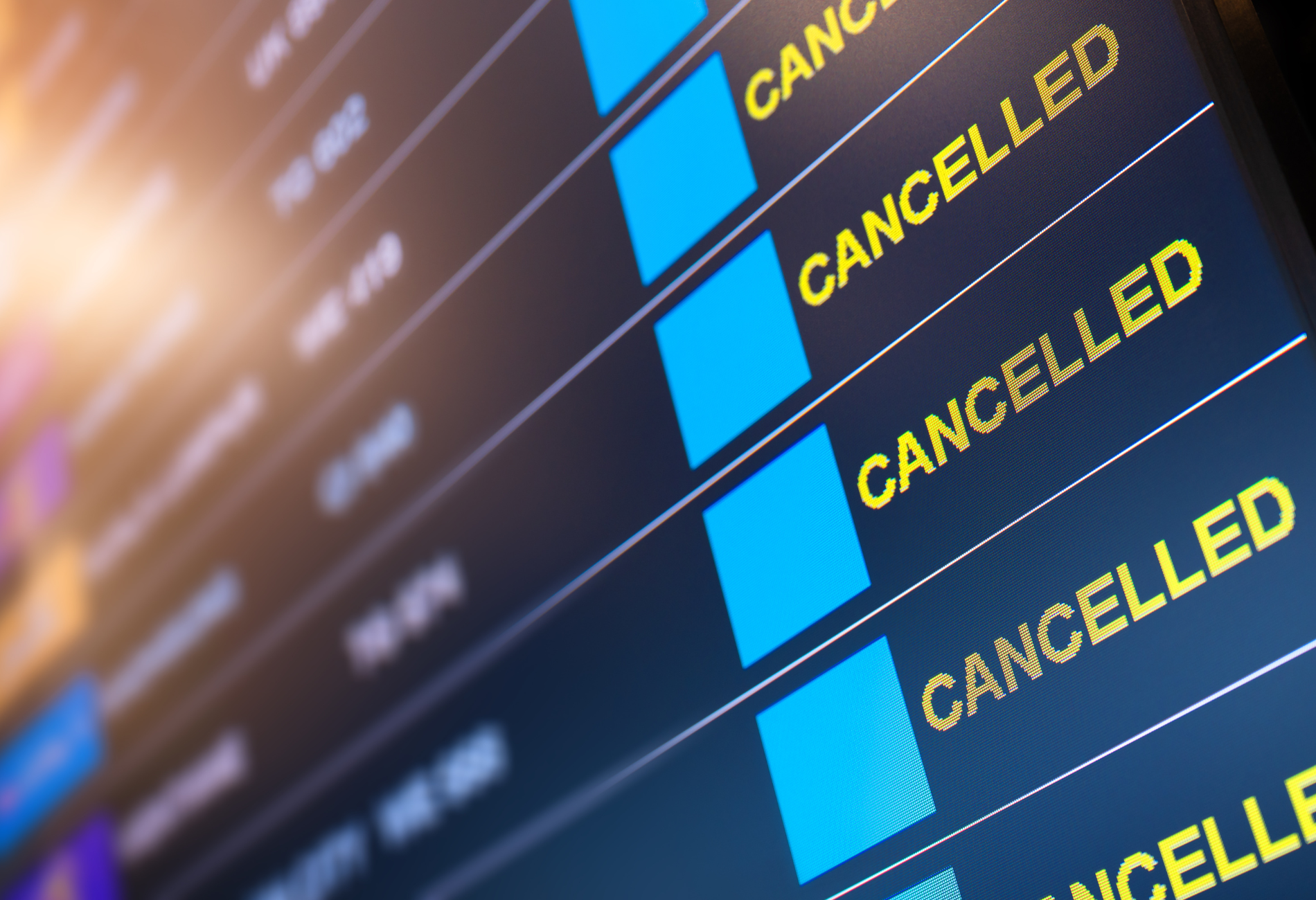 Airport display board of flight canceled flights