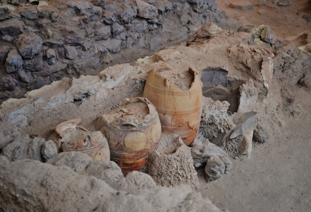 close up of ancient pottery in Akrotiri, Santorini