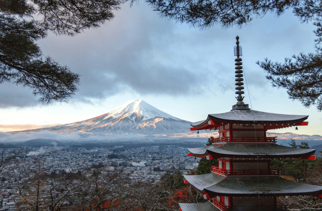 japan pagoda with mt fiji in background