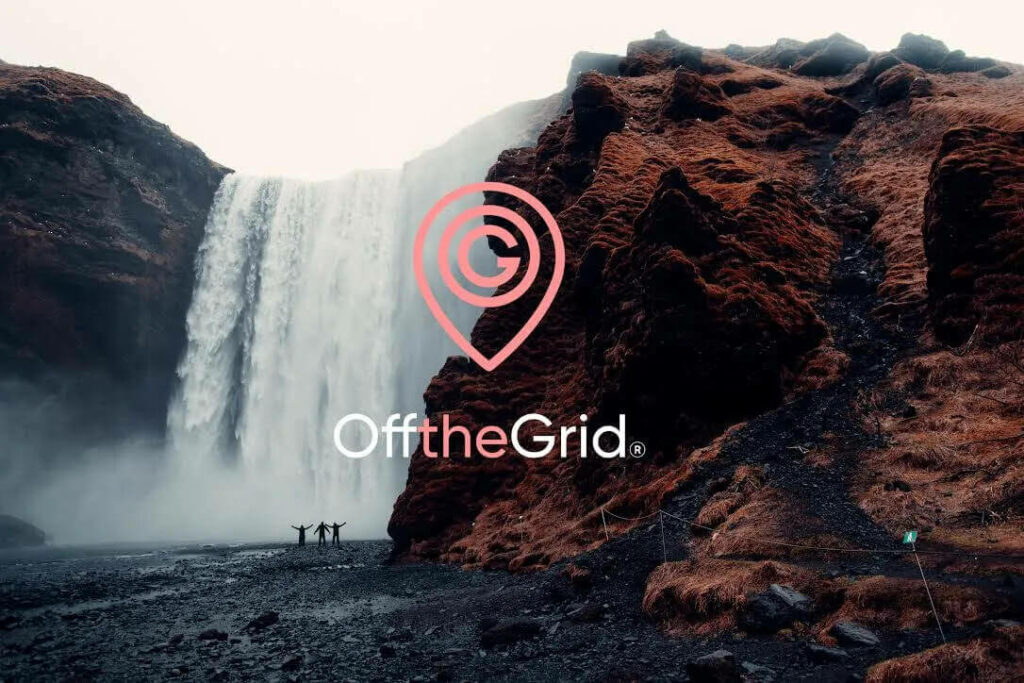 off the grid app logo over waterfall image