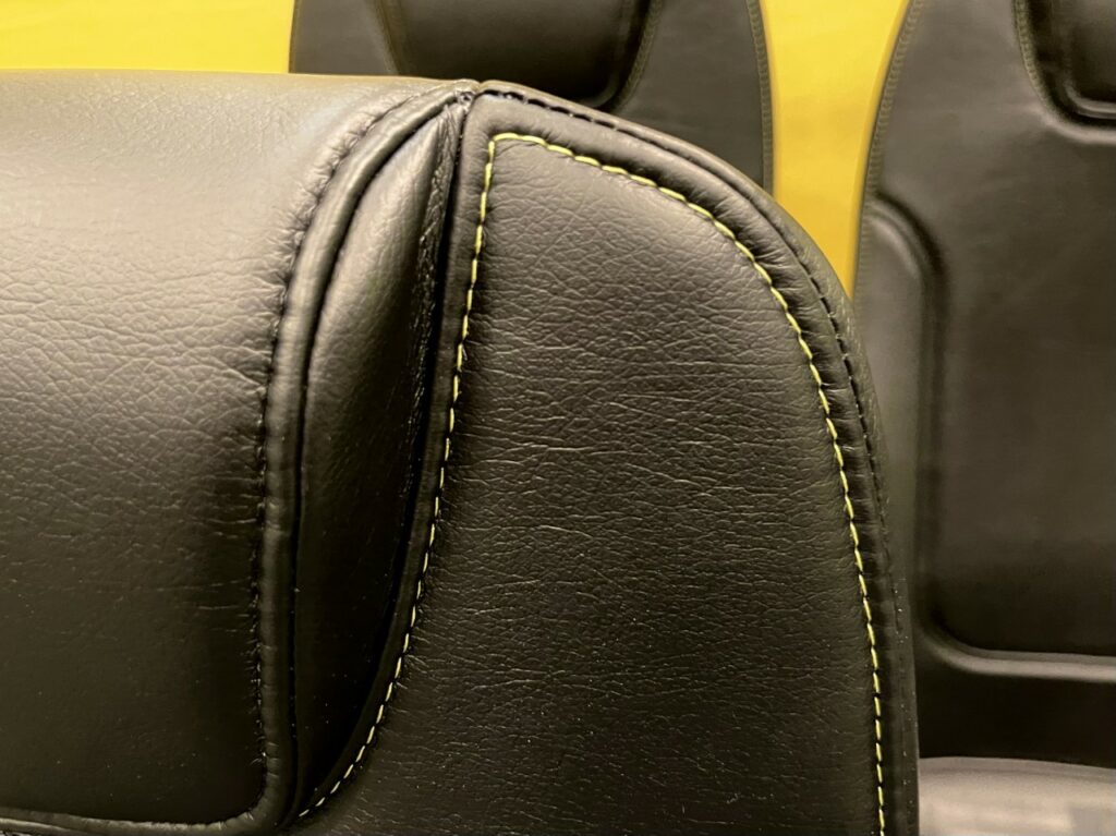 up close detail shot of new spirit airlines headrests