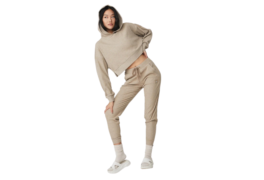 tan cozy sweatpant set on woman