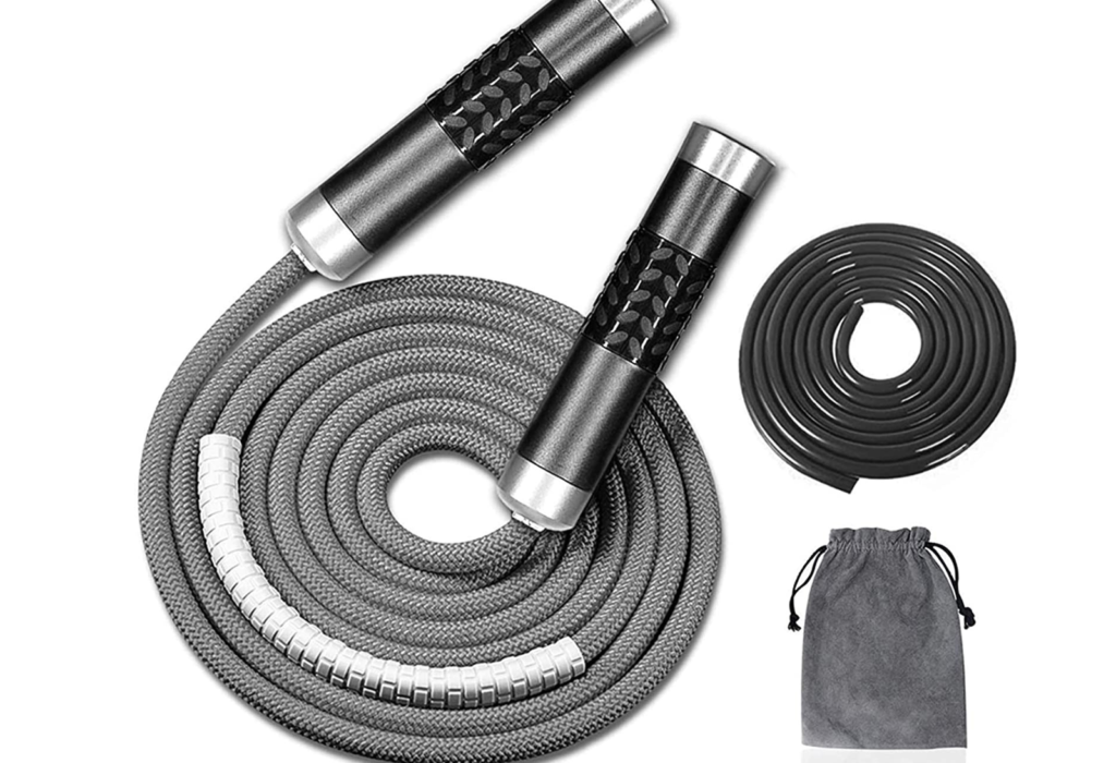 gray weighted jump rope with accessories
