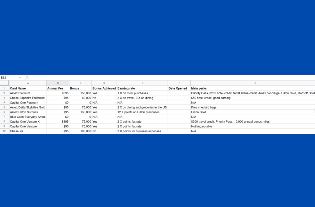 credit card spreadsheet