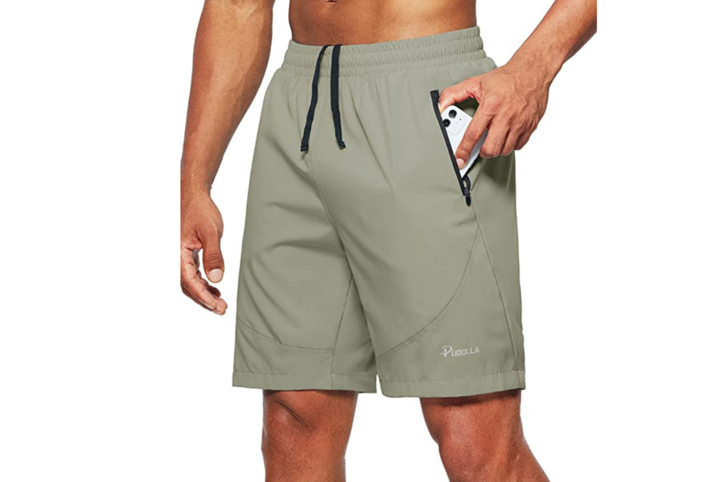 light olive men's athletic shorts with zipepr pockets