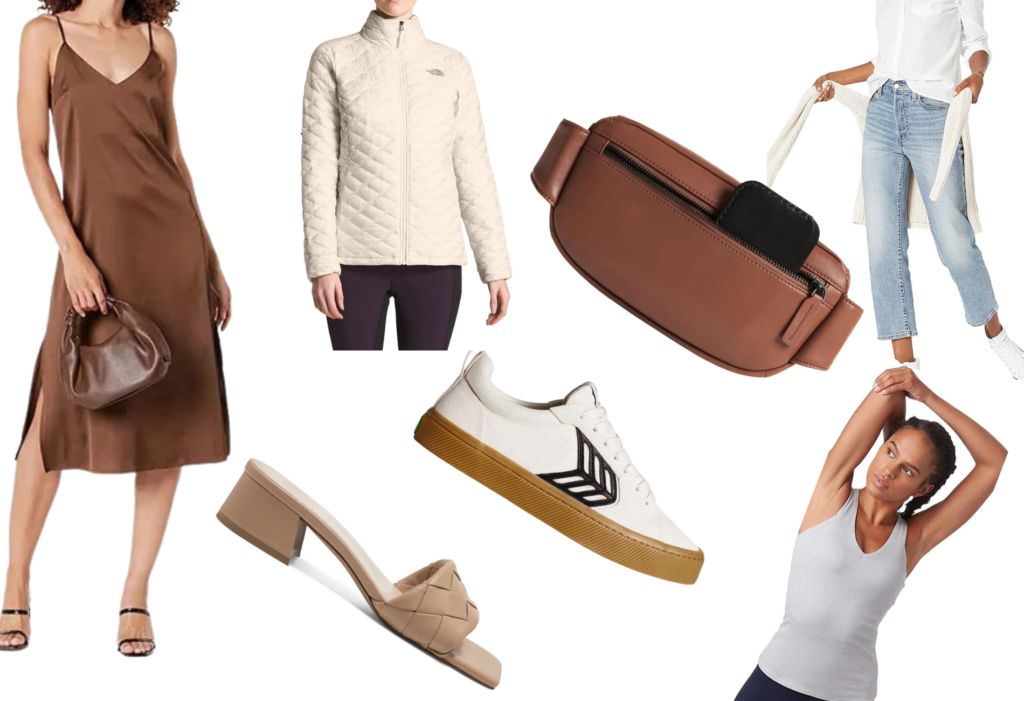 group of wardrobe staples for women, including shoes, dresses, and bags