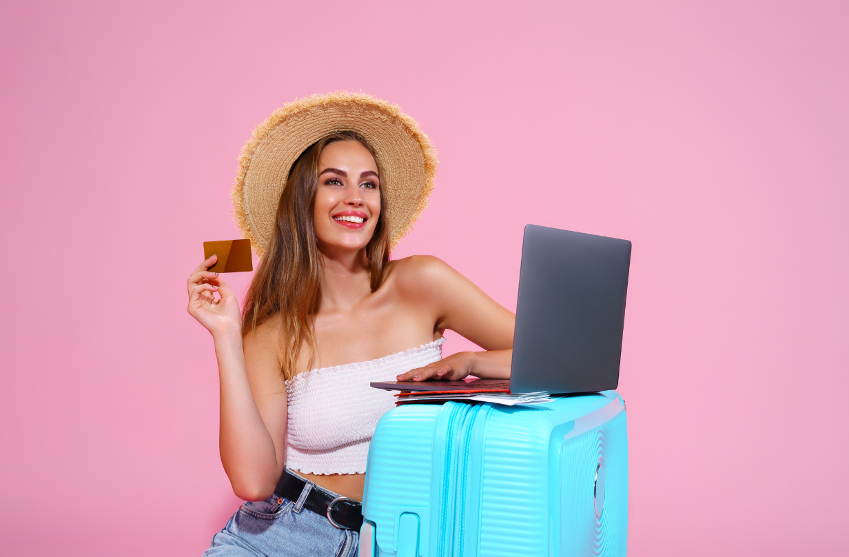 woman leaning on luggage for article about high-yield savings account