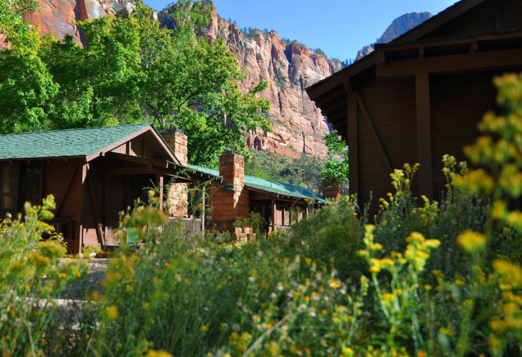 hotel surrounded by lush greenery at Zion National Park