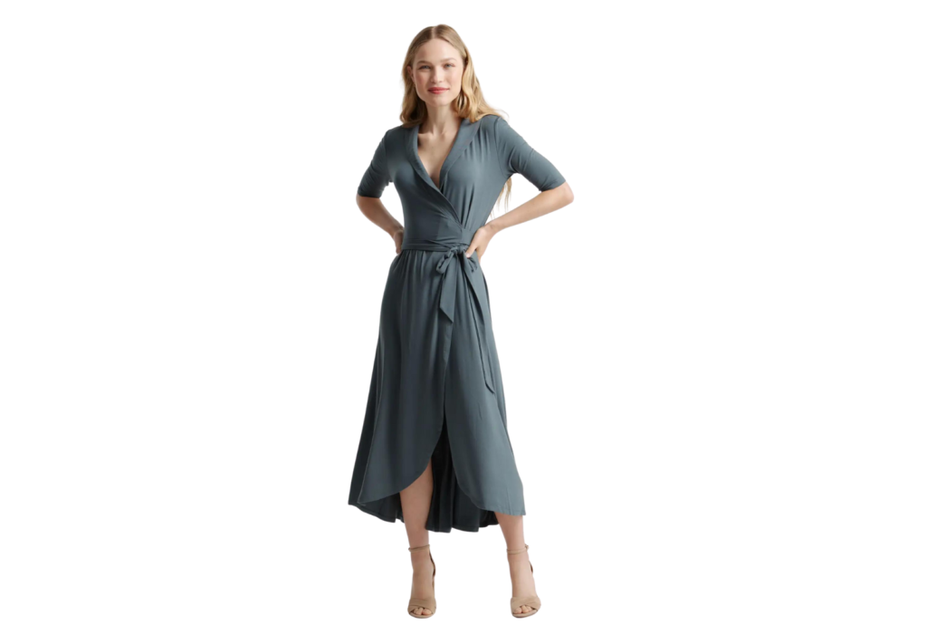 gray-blue wrap dress