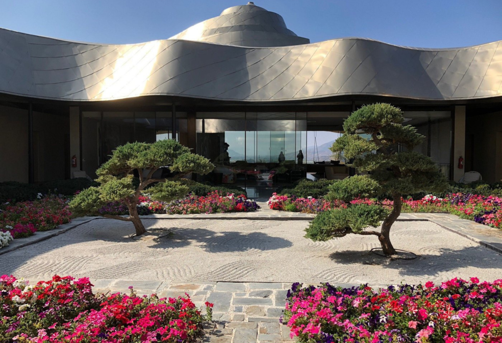 modern hotel with garden in front