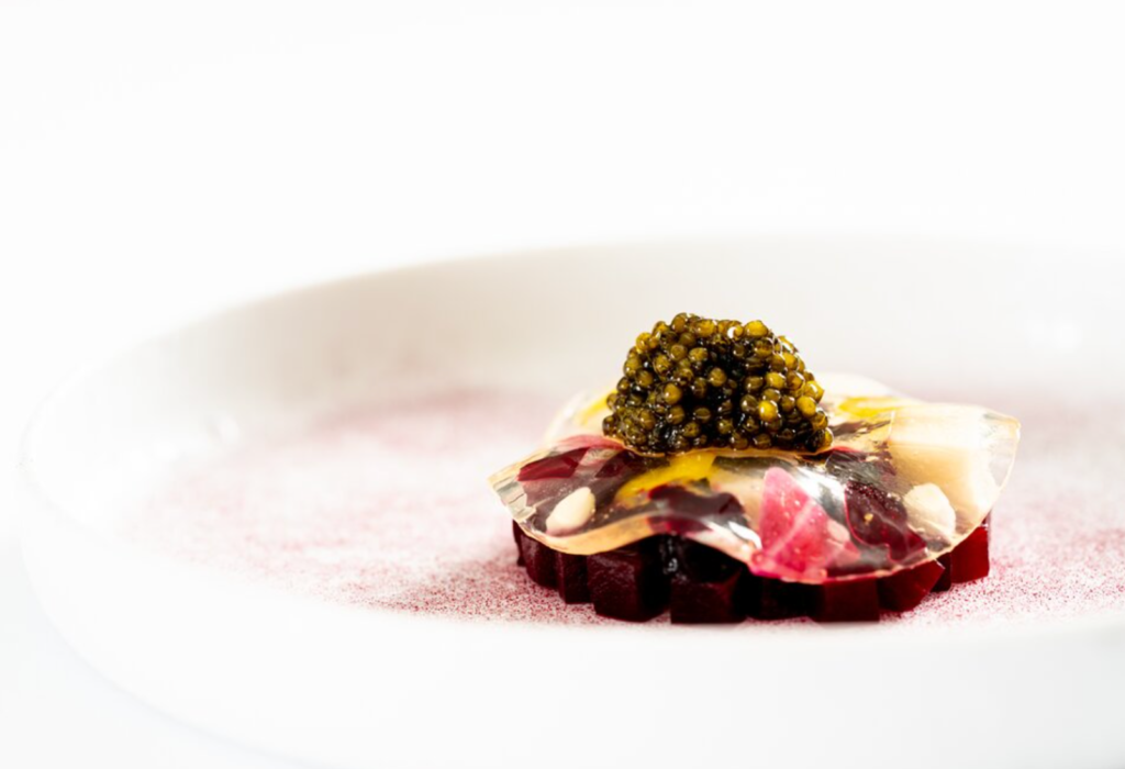 Smoked Exmoor sturgeon, beetroot, horseradish, Oscietra caviar