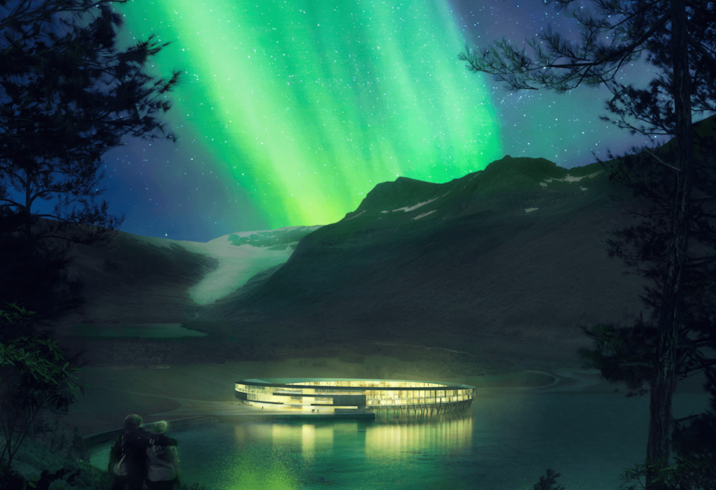 svart hotel with th enorthern lights