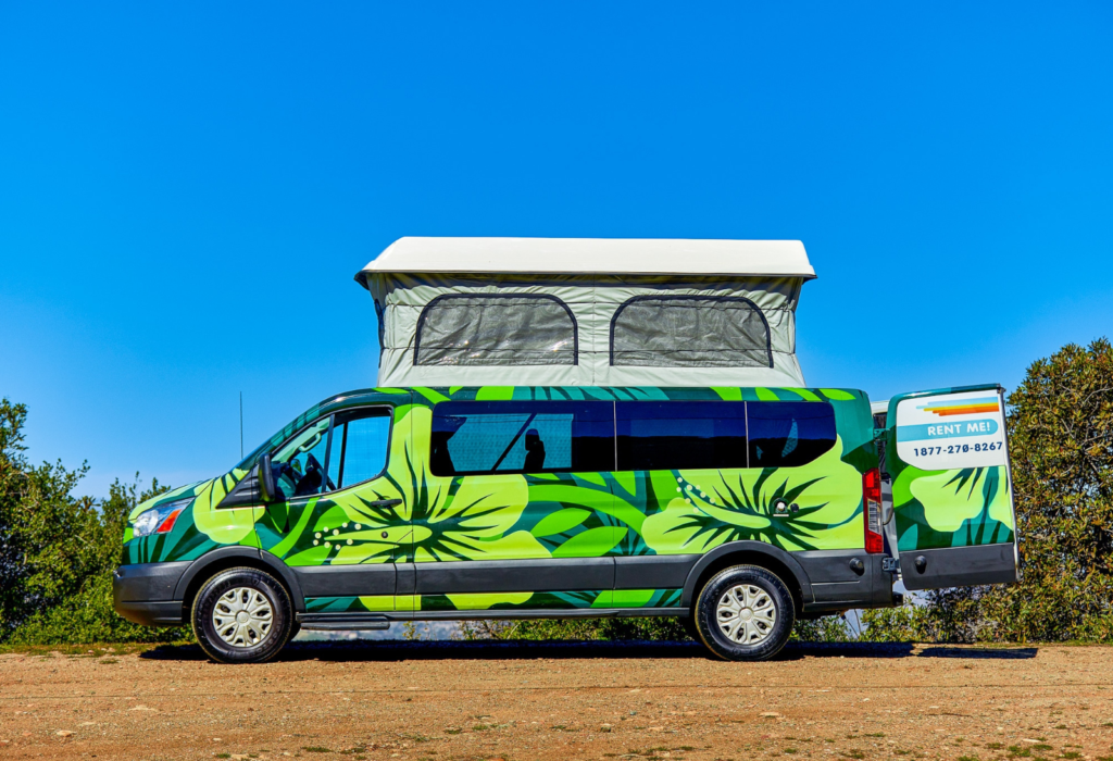 bright green van with tent on roof