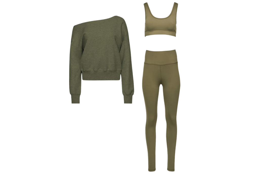 olive green sports bra, leggings, and sweatshirt, mother's day gift ideas 2023