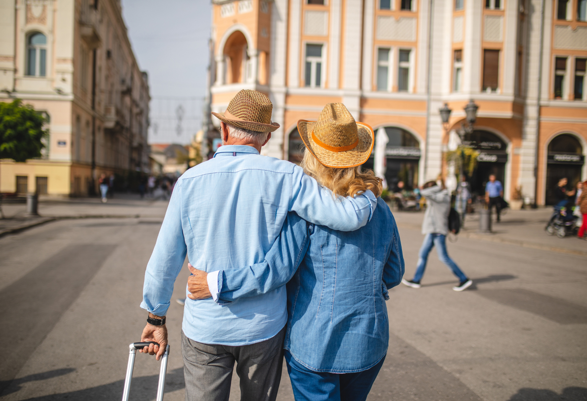 senior couple embracing on their travels