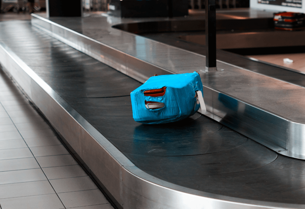 blue luggage at baggage claim