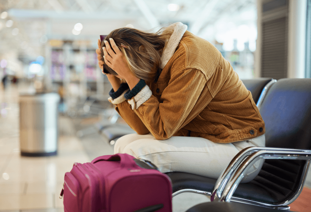 woman sitting at airport with head in her hands