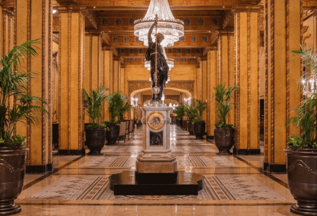 the long grand lobby of the roosevelt hotel in new orleans