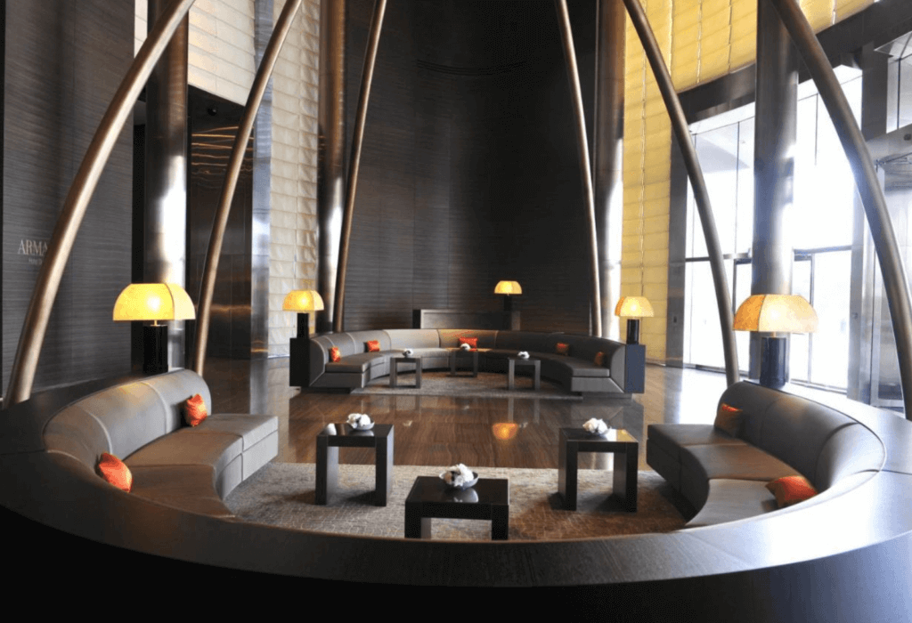 the striking lobby in armani hote dubai in the burj khalifa