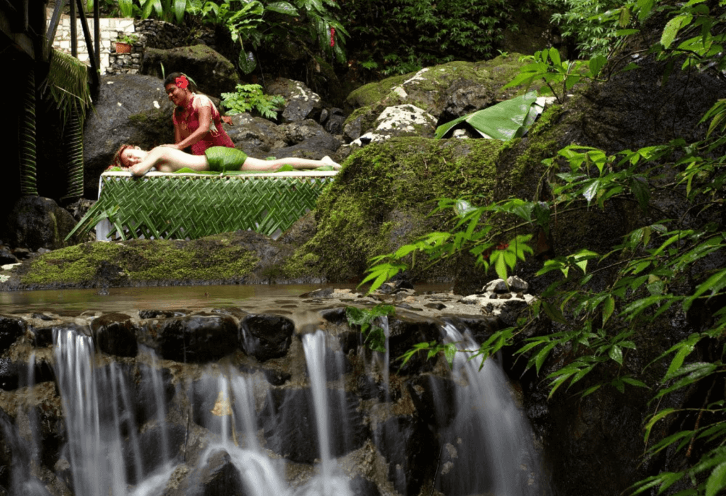 a guest at Koro Sun Spa Resort in the rainforest spa