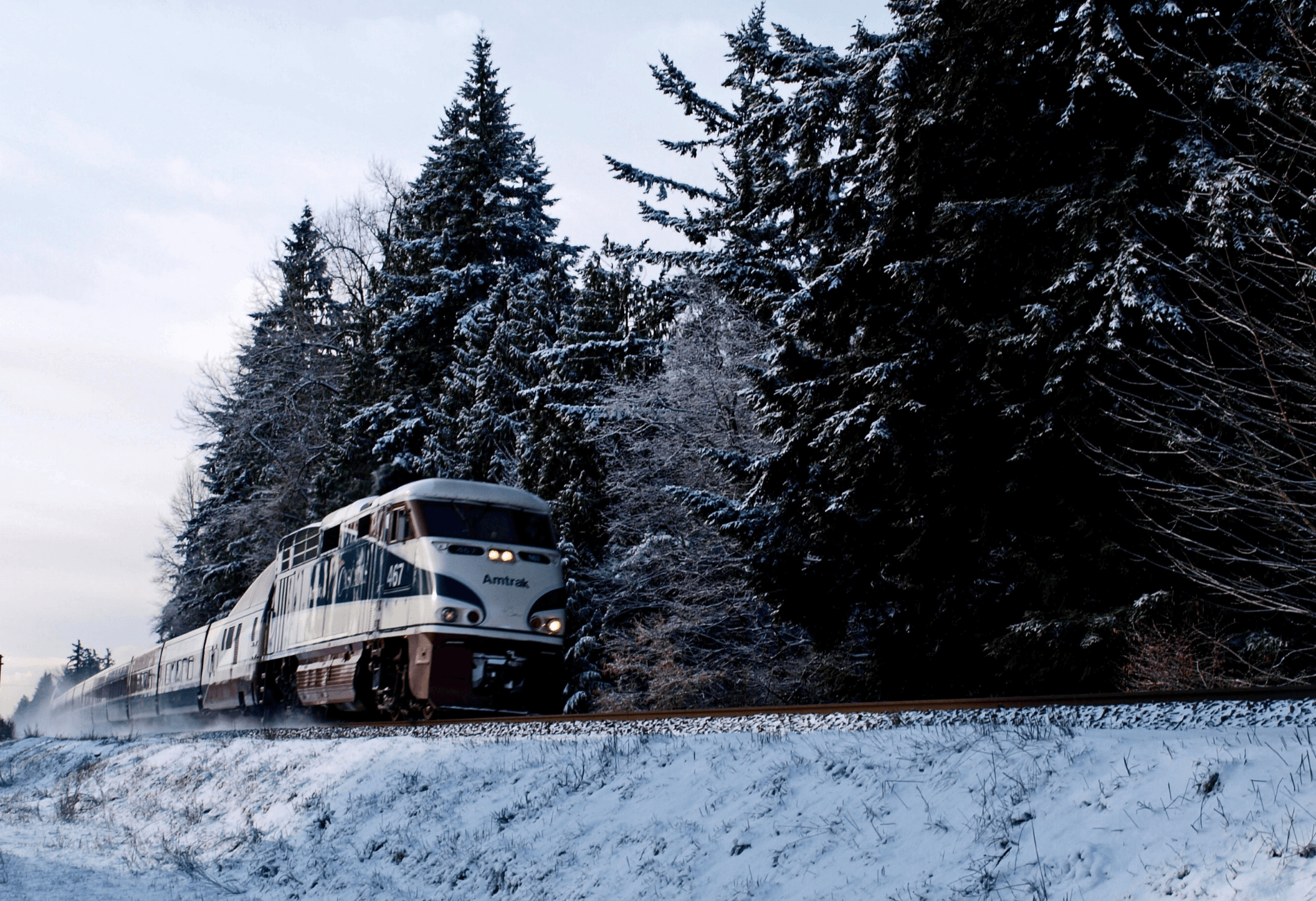 train traveling with snow on ground for story on amtrak sale