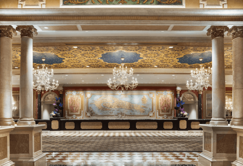 the beautiful lobby of the venetian hotel in las vegas