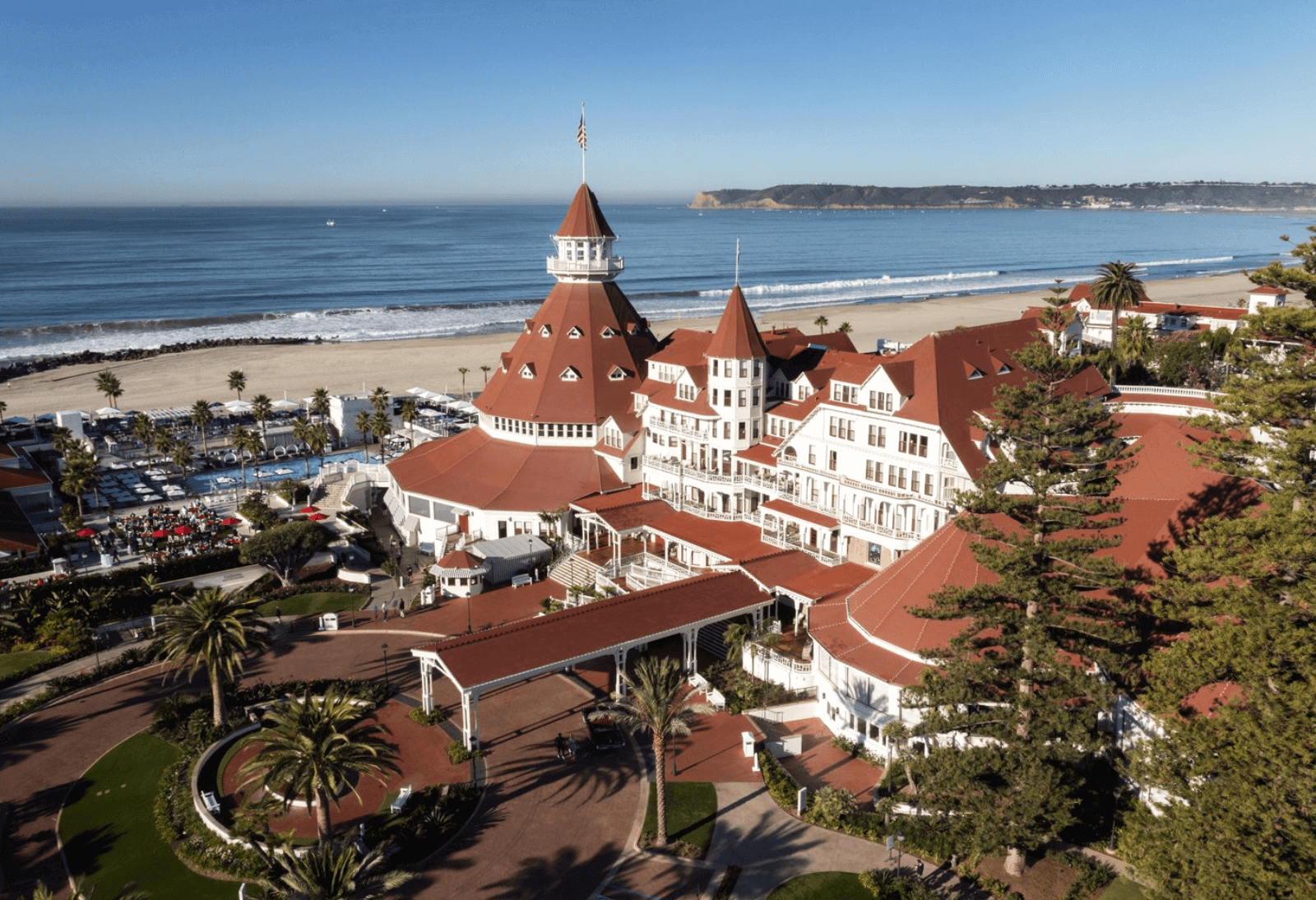 An aerial view of the Hotel del Coronado in San Diego.
