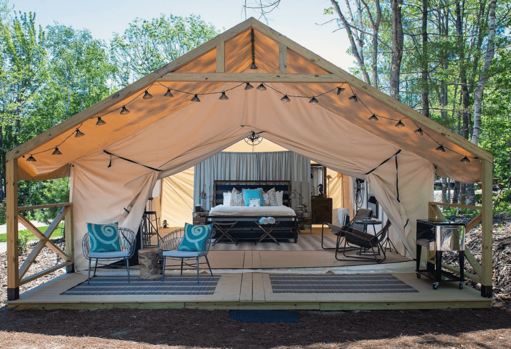 inside of glamping tents in Sandy Pines campground in Maine