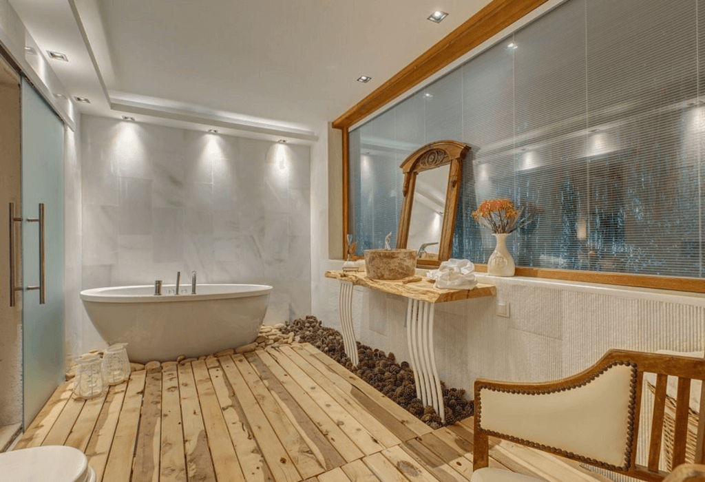 the large bathroom in the Lympos lodge in the Turkish Riviera