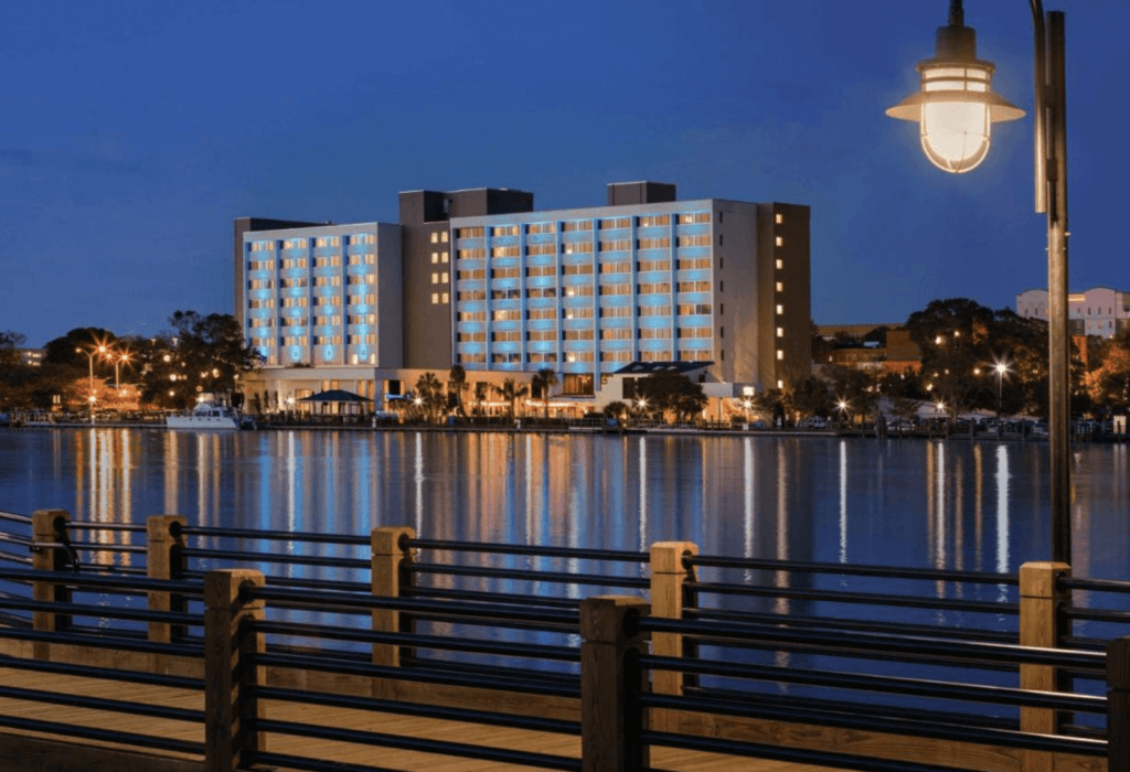 The view from across the Cape Fear River in Wilmington, North Carolina looking at the Hotel Ballast