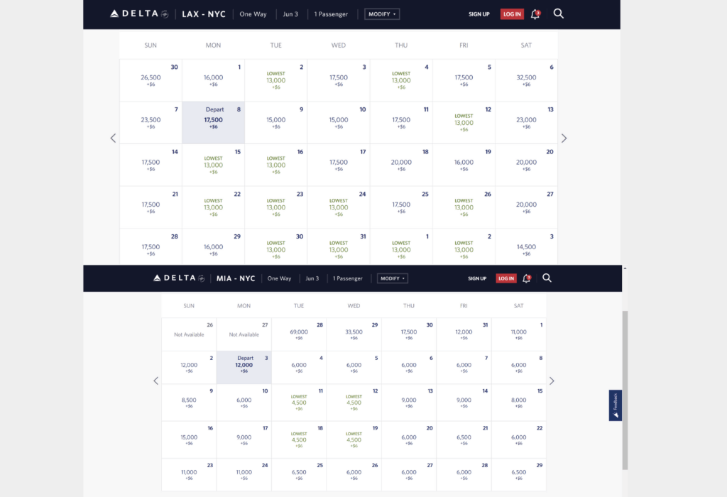 A screengrab of Delta's award availability