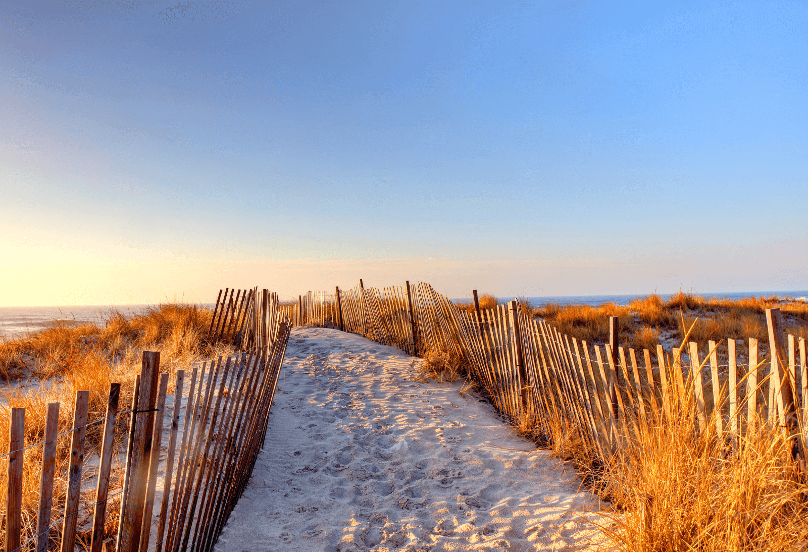 A beautiful stretch of sand path heading towards the water in the hamptons