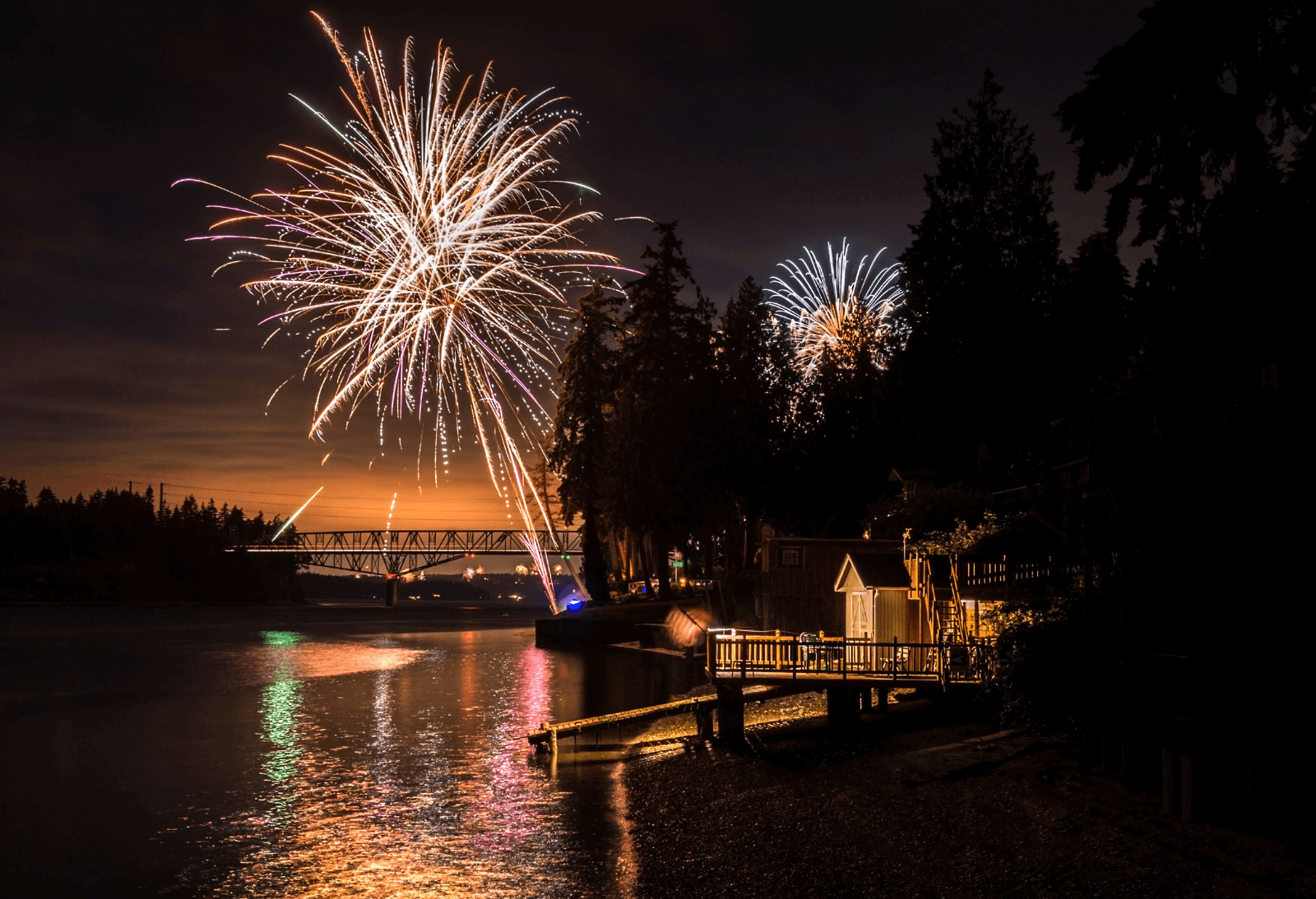 A beautiful waterside firework display for July 4th weekend