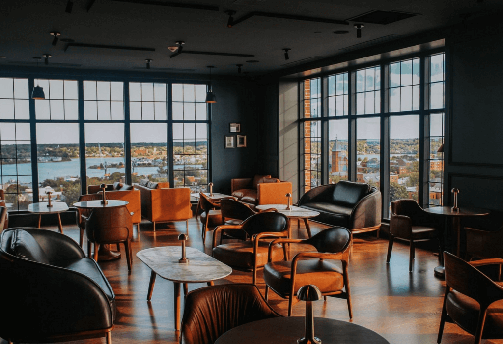 The communal lounge in the Westin Portland Harbor View overlooking Portland Maine