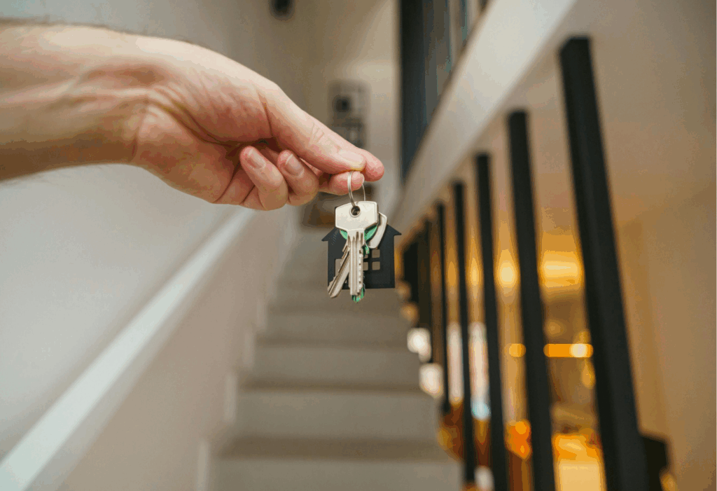 man holding keys in front of house