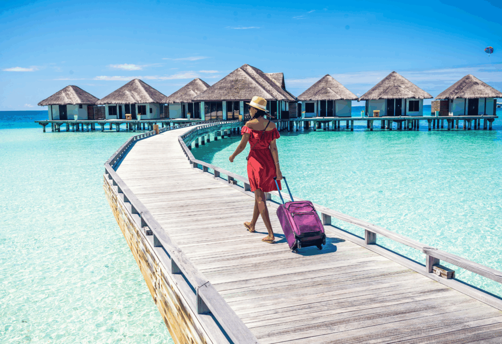 person with suitcase on vacation