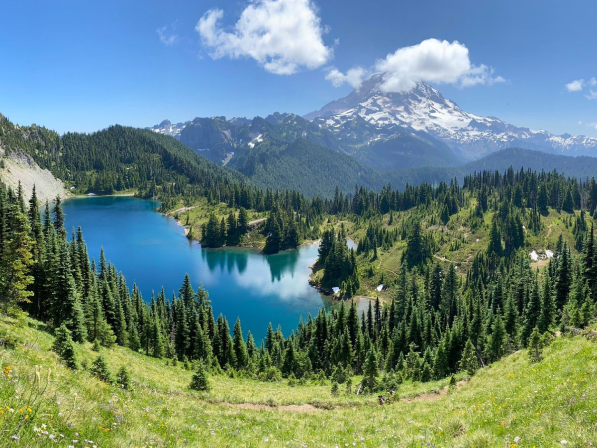lake at Mount Rainier Wildflower Trails, Washington, one of the best hikes in spring