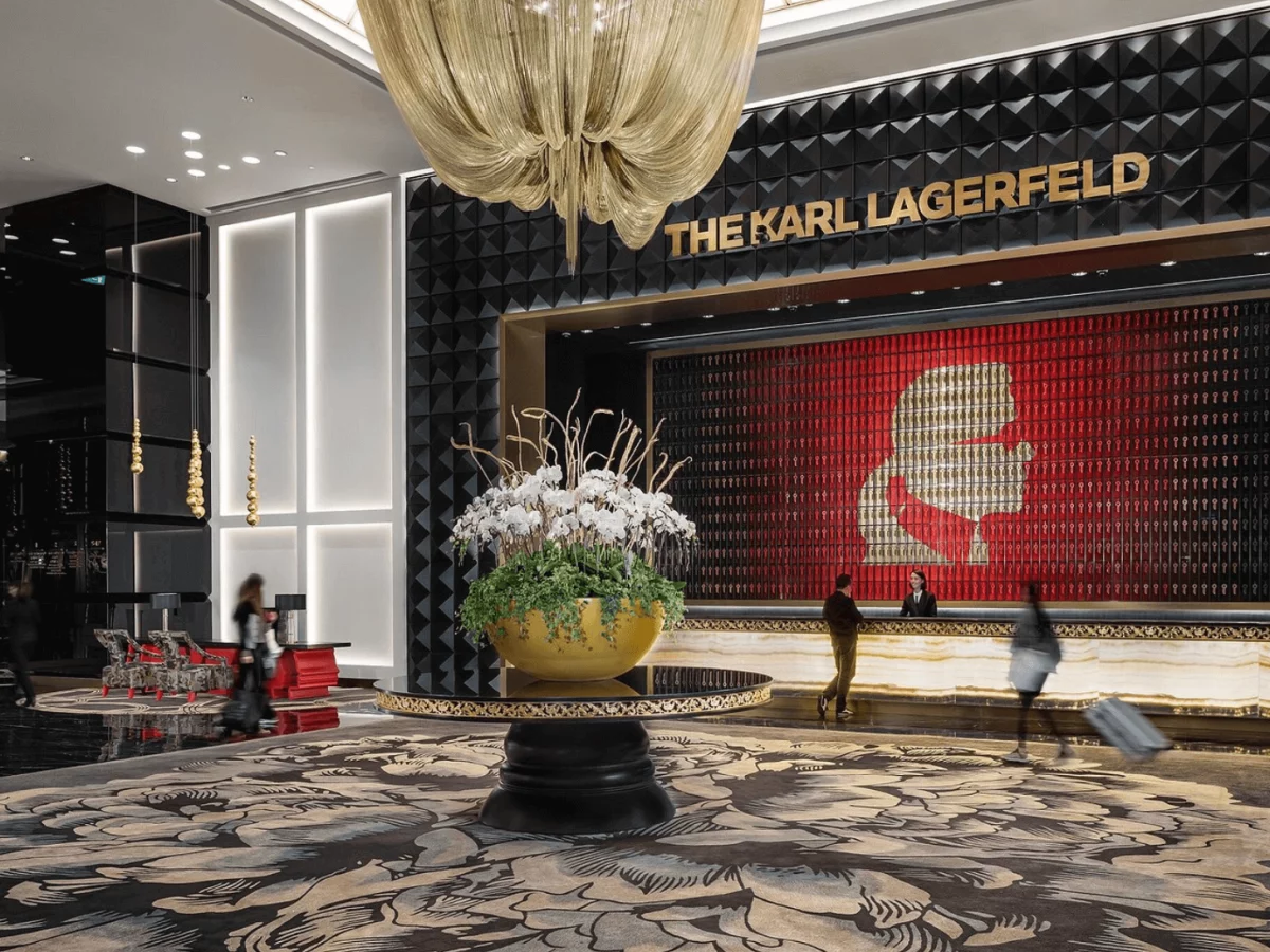 the shrinelike lobby of the karl lagerfeld hotel in maccau