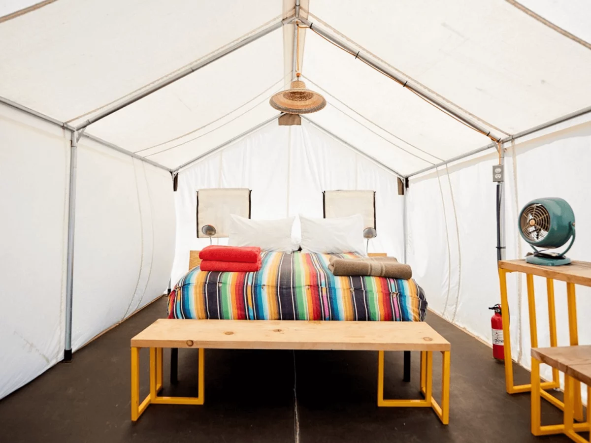 The interior of glamping tents at El Cosmico camp ground